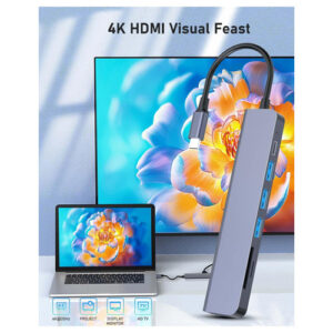 HUB USB-C, 7en1, con HDMI 4K, PD, 1xUSB3.0, 2xUSB2.0, SD, TF
